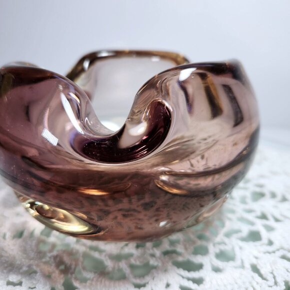Art Glass Bowl Purple and Amber Rolled Edge Mid Century Home Decor - Picture 11 of 11